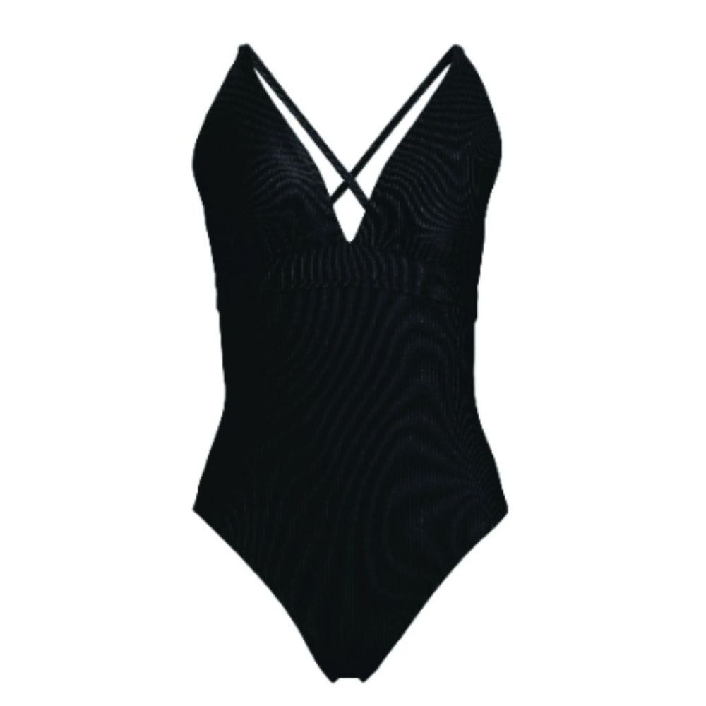 Plunge‎ X Back Black Ribbed One Piece / 1 Piece Swimsuit